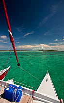 30ft Tiki catamaran "Abaco" anchored in the Exumas, Bahamas, Caribbean. June 2009. Property released.