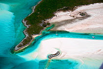 Aerial view of yachts anchored in the Exumas. Bahamas, Caribbean, June 2009.