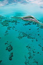 Aerial view of island and coral reefs in the Exumas. Bahamas, Caribbean, June 2009.