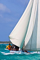 Boat sailing in the Bahamian Sloop regatta, Georgetown, Exumas, Bahamas. April 2009.