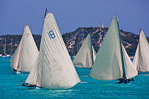 Fleet of boats sailing on turquoise seas during the Bahamian Sloop regatta, Georgetown, Exumas, Bahamas. April 2009.