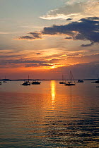 Yachts moored at sunset in Georgetown, Exumas, Bahamas. April 2009.