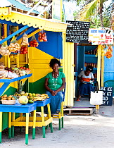 Woman sitting beside fruit stall in market, Grenadines, Caribbean, February 2010.