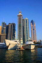 Dubai harbour and city with skyscrapers under construction, Dubai, United Arab Emirates, February 2010