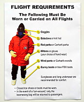 Poster showing what clothing and equipment should be worn on airplane flights to Antarctica, Christchurch, New Zealand