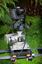 Digital pan head, on a track, for use in timelapse photography.