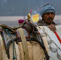 Traditionally dressed rider stands next to his richly decorated horse during the Maghi Mela festival, Muktsar, Punjab, India. January 2010