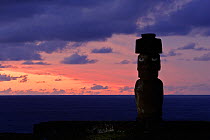 Silhouette of Moai statue at dusk in Ahu Ko Te Riku, restored archaeological site of Ahu Tahai, Hanga Roa, Easter Island, Pacific ocean, November 2004