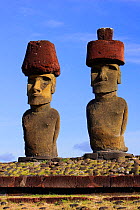 Two giant Moai statues, Ahu Nau Nau, Anakena beach, Easter Island, Pacific ocean, November 2004