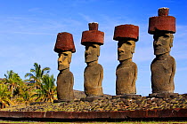 Four giant Moai statues in Ahu Nau Nau, Anakena beach, Easter Island  Pacific ocean, November 2004
