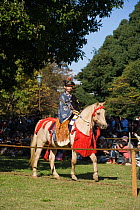 A traditionally dressed samurai (warrior) from the Takeda School of Horseback Archery with bows and arrows parades on a horse, during a Yabusame (Japanese mounted archery), at Meiji Jingu Shrine, Toky...