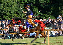 A traditionally dressed samurai (warrior) from the Takeda School of Horseback Archery with bows and arrows galloping on a horse between targets, during a Yabusame (Japanese mounted archery), at Meiji...