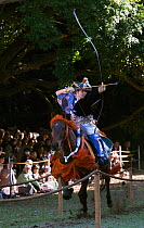 A traditionally dressed samurai (warrior) from the Takeda School of Horseback Archery and mounted on a galloping horse aims an arrow at one of the three targets, during a Yabusame (Japanese mounted ar...