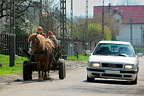 Traditional horse-drawn cart overtaken by modern car, Kalinowo village, Narew marshes, Poland, April 2008.