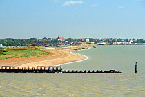 Languard Point with remains of old rail jetty at Felixstowe town, Suffolk, UK