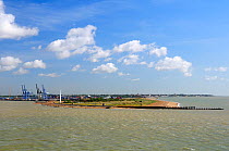 Languard Point with remains of old rail jetty near Felixstowe docks and container port. UK