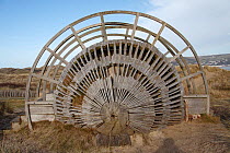 Dyfi-Ynyslas NNR wooden viewing point on reserve, inspired by the banded snail, Wales, UK