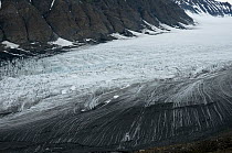 Glacial landscape of Osbornebreen, a retreating glacier in St. Jonsfjord, west coast of Svalbard, Norway. July 2009