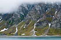 Rugged coastal landscape in Recherchefjorden, Bellsund, southwestern coast of Svalbard, Norway, Europe. July 2009