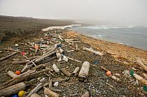 Buoys and garbage litter a beach along the coast of Svalbard. Svalbard does not have trees and the logs on the beach have washed up from Russia. August 2009