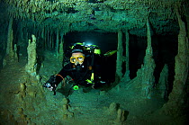 Diver exploring a freshwater Limestone sinkhole / Cenote with stalactites and stalagmites, Tulum, Quintana Roo, Mexico, September 2008