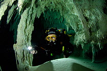Diver exploring a freshwater Limestone sinkhole / Cenote called 'The Pit' - a traverse to 'The Blue Abyss' with stalactites and stalagmites, Tulum, Quintana Roo, Mexico, September 2008