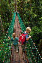 Young brother and sister (both model released) exploring a canopy rope bridge walkway through the lowland dipterocarp rainforest in Borneo. Danum Valley Conservation Area, Sabah, Malaysia, July 2007