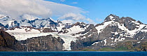 Panoramic view of Gold Harbour and hanging glacier towards the southern extreme of South Georgia, South Atlantic. January 2010 (digitally stitched image)
