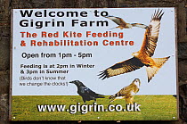 Sign for feeding station for Red kite (Milvus milvus) Gigrin Farm, Rhayader, Powys, Wales, UK