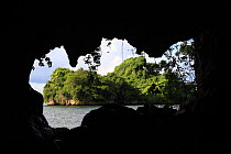 View from cave, of limestone island covered in tropical rainforest, Los Haitises National Park, Dominican Republic, Caribbean, October 2009