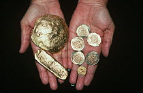 Gold Doubloons and gold bar recovered from the shipwreck "Las Maravillas", a Spanish galleon sunk in 1658, Bahamas. 1987. model released Model released.