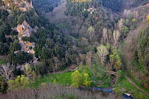 Aerial view of the Valley of the Lente, which is dotted with ancient and culturally significant Etruscan tombs. Sorano, Tuscany "Maremma", Italy. April 2009