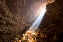 Limestone Cave eroded by water in ancient time. Sunlight beams penetrate at certain times of day leading to local name of 'Cave of Light'. Qatar, Arabian Gulf, 2009.