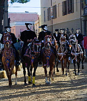 Horses (Equus caballus) and riders from the Gremio dei Contadini before the 'Sartiglia' (race to the star) in Oristano, Sardinia, Italy. February 2010