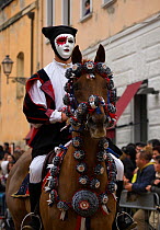 A portrait of a performing masked rider on a horse (Equus caballus) from the Gremio dei Contadini during the 'Sartiglia' (race to the star) in Oristano, Sardinia, Italy. February 2010