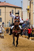 A performing masked rider on a horse (Equus caballus) from the Gremio dei Contadini tries to catch the star during the 'Sartiglia' (race to the star) in Oristano, Sardinia, Italy. February 2010