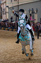Portrait of a masked rider on a horse (Equus caballus) from the Gremio di Falegnami trying to catch the star of  'Sartiglia' (race to the star)  in Oristano, Sardinia, Italy. February 2010