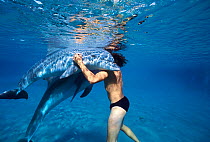 Dolphin trainer hugging two Bottlenose Dolphins (Tursiops truncatus), demonstrating affection between trainer and dolphins, Dolphin Reef, Eilat, Israel, Red Sea. Model released Model released.