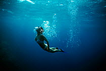 Free diver coming up from dive to explore coral reef, Sinai, Egypt, Red Sea Model released Model released.