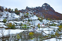 Village church in winter landscape, Valle del Lago, Somiedo NP, Asturias, Northern Spain, November 2009