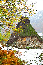 Traditional Branas de teito (stone and thatch hut) in winter landscape, Valle de Saliencia,  Somiedo NP, Asturias, Northern Spain, November 2009