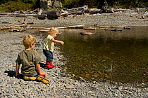 Brother and sister (5 years and 2 years) playing on beach on the Olympic Peninsula, Washington, USA, August 2005, Model released