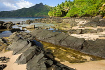 Lava rock and coral sand, Anaho Bay, Nuku Hiva Island, Marquesas Islands, French Polynesia, July 2006