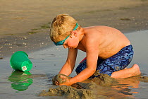 Six year boy, playing with sand on a beach, San Diego, California, USA, model released, July 2006