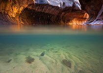 Reflected light illuminates this split level view of Zion National Park's Subway formation along the Left Fork. Zion National Park, Utah, USA. November 2009
