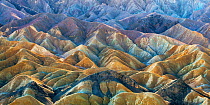 Aerial view of the colourful hills of Twenty Mule Team canyon seen after a period of heavy rain under warm afternoon sunlight, Death Valley National Park. California, USA.