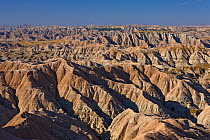 Aerial view of Badlands National Park with long shadows cast between peaks, spires and pinnacles, South Dakota, USA. September 2009.