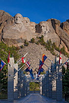 Flags mark the entrance of Mount Rushmore National Memorial, with the sculpture of former United States presidents behind, South Dakota, USA, September 2009