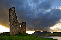 Ardvreck Castle ruins at Loch Assynt in the Highlands at sunset, Scotland, UK, May 2010