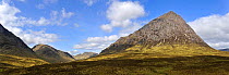 Panoramic view of Buachaille Etive Mor viewed from Glen Etive in Glencoe, Highlands, Scotland, May 2010.